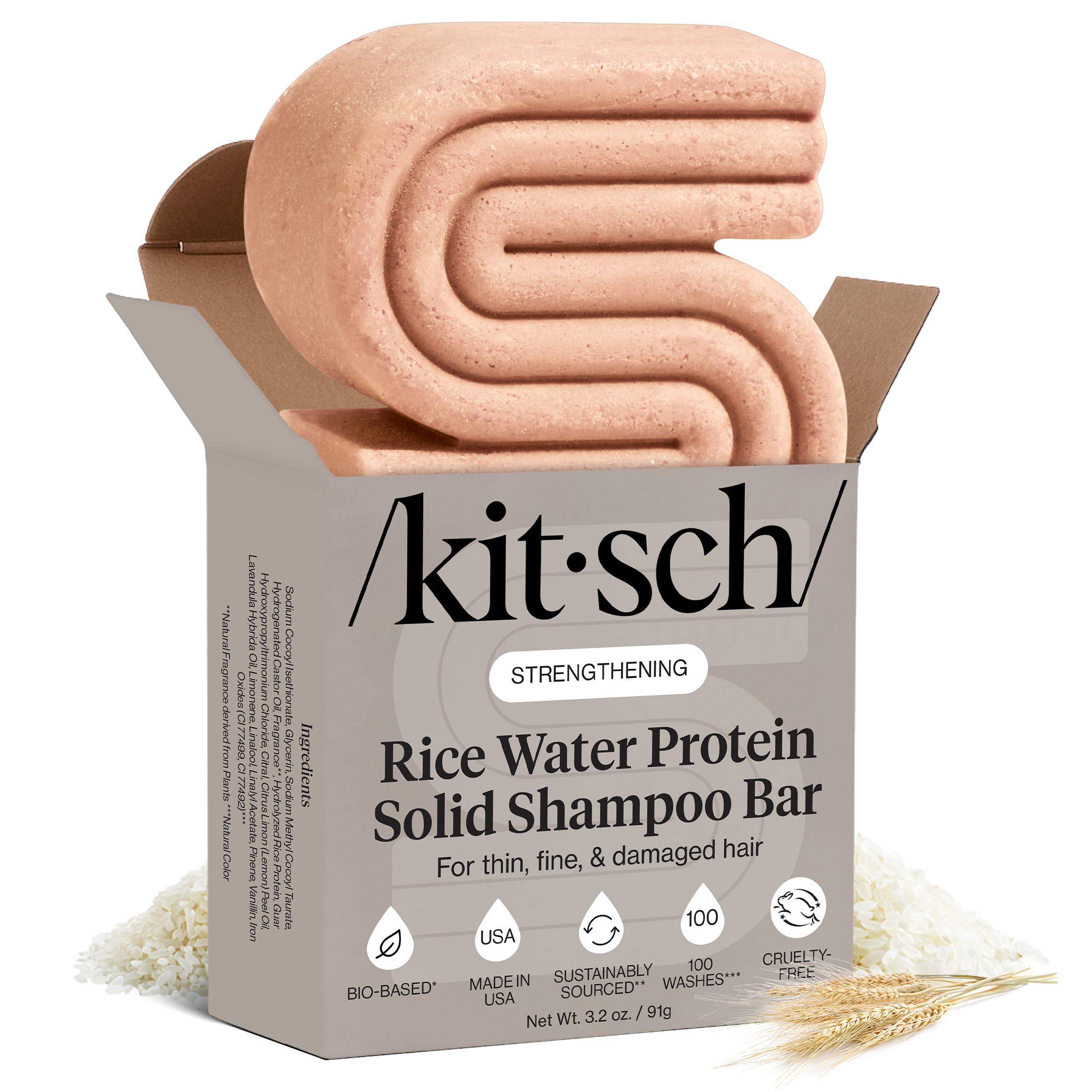 Kitsch Rice Water Shampoo Bar packaging highlights eco-friendly travel use