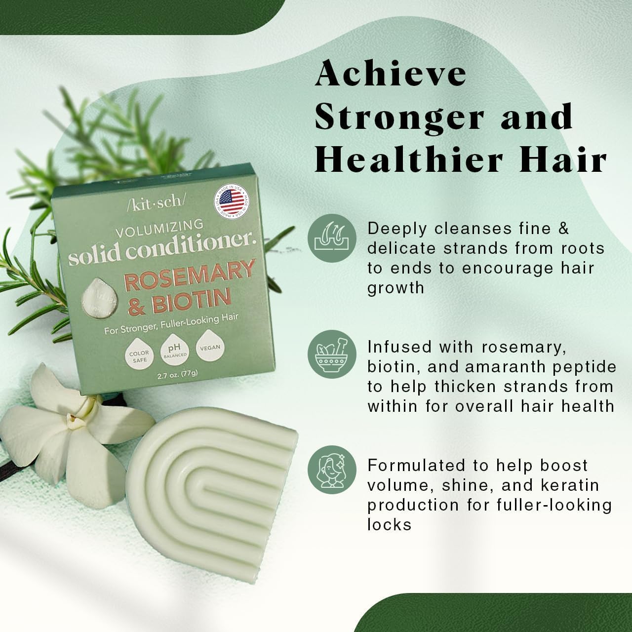 Kitsch Rosemary & Biotin Conditioner Bar on hair delivers lightweight grooming and shine.