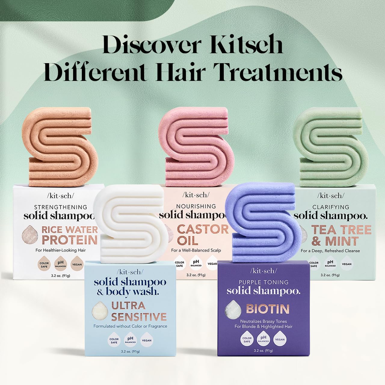 Kitsch Rosemary & Biotin Shampoo Bar shown with paraben-free and sulfate-free icons.