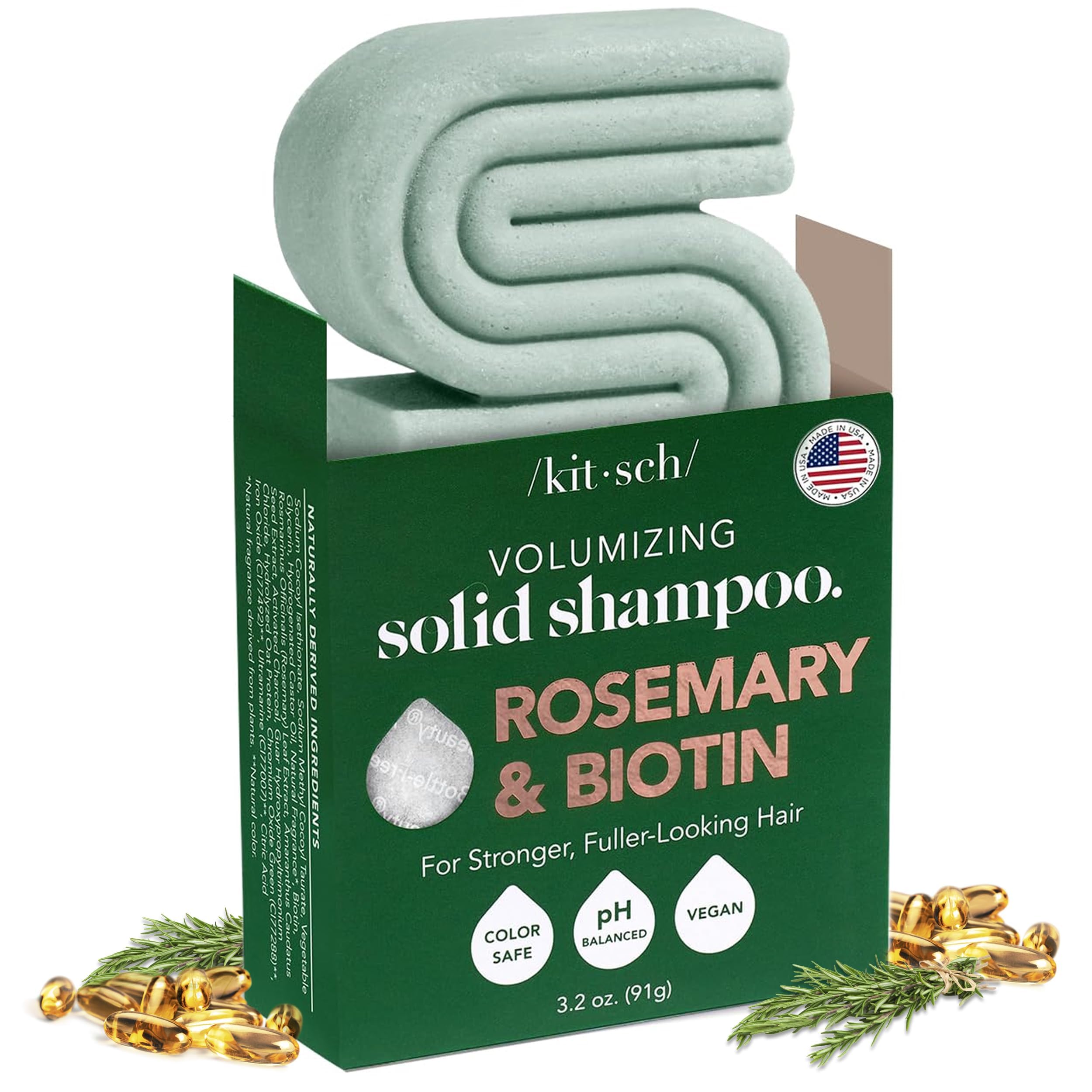 Kitsch Rosemary & Biotin Shampoo Bar packaging highlights eco-friendly design for sustainable routines.
