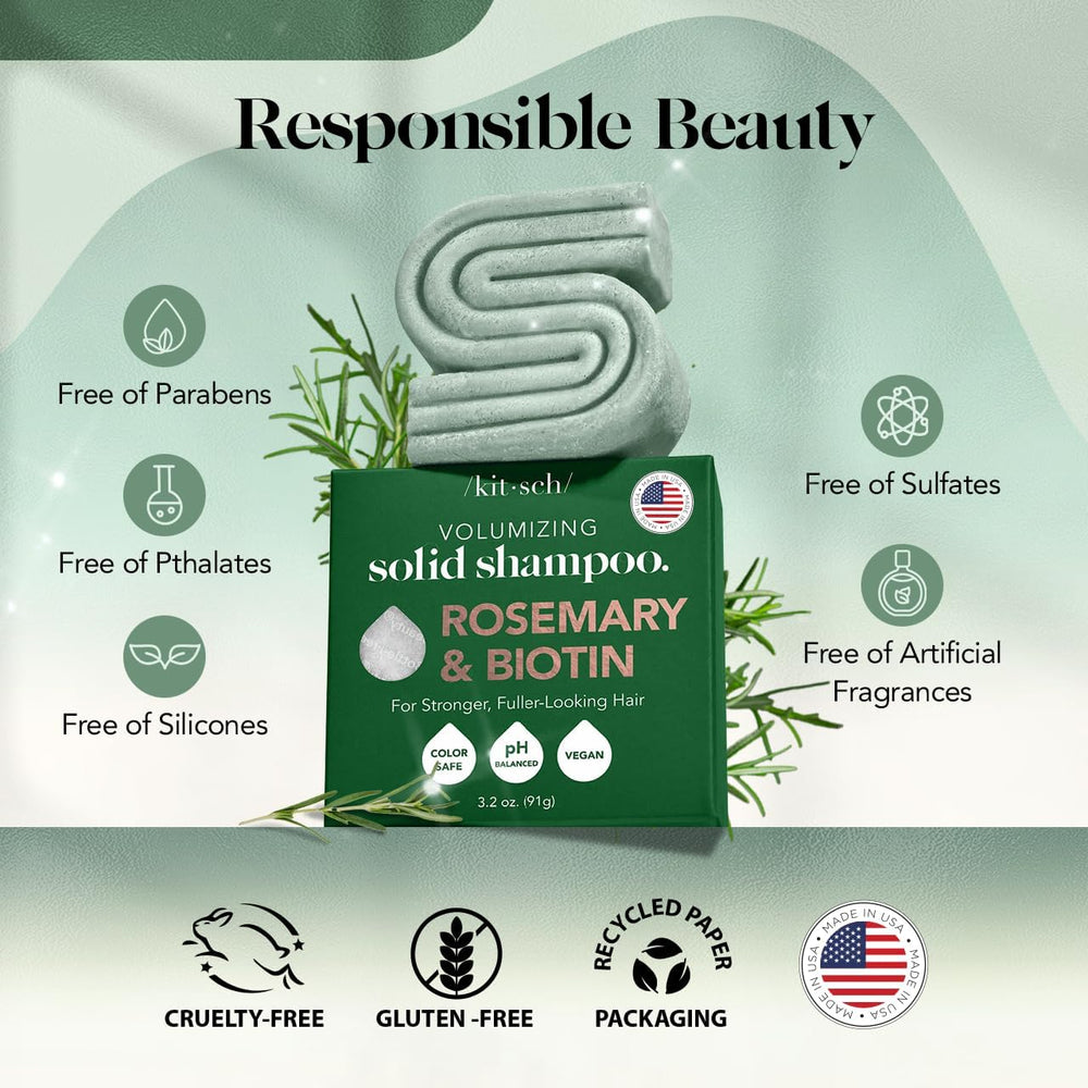 Kitsch Rosemary & Biotin Shampoo Bar rests on a shelf, showcasing travel-friendly design.