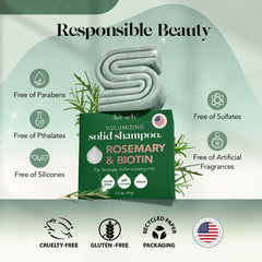 Kitsch Rosemary & Biotin Shampoo Bar rests on a shelf, showcasing travel-friendly design.