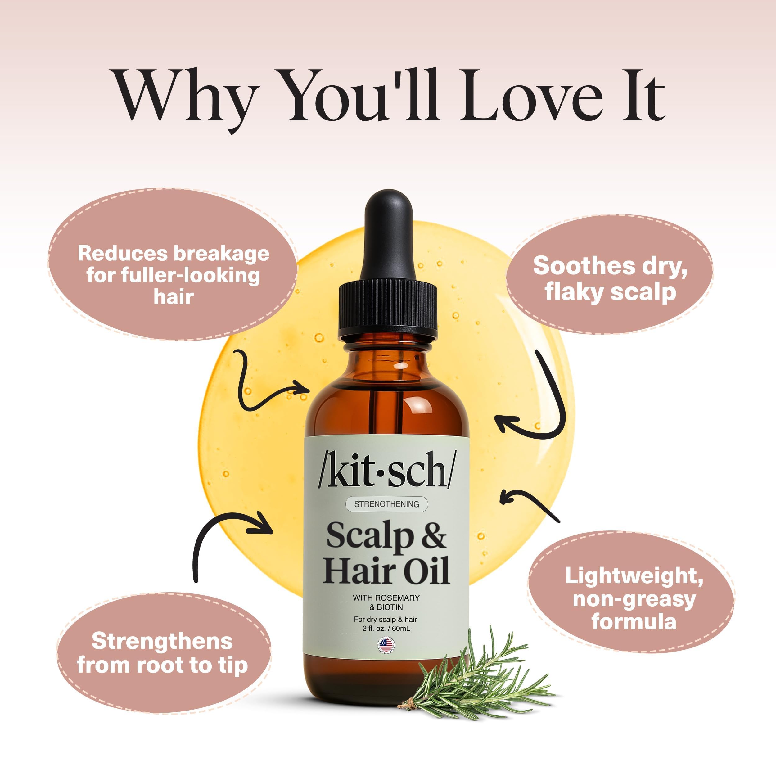 Kitsch Rosemary Oil ingredients castor jojoba highlight hydration and protection.