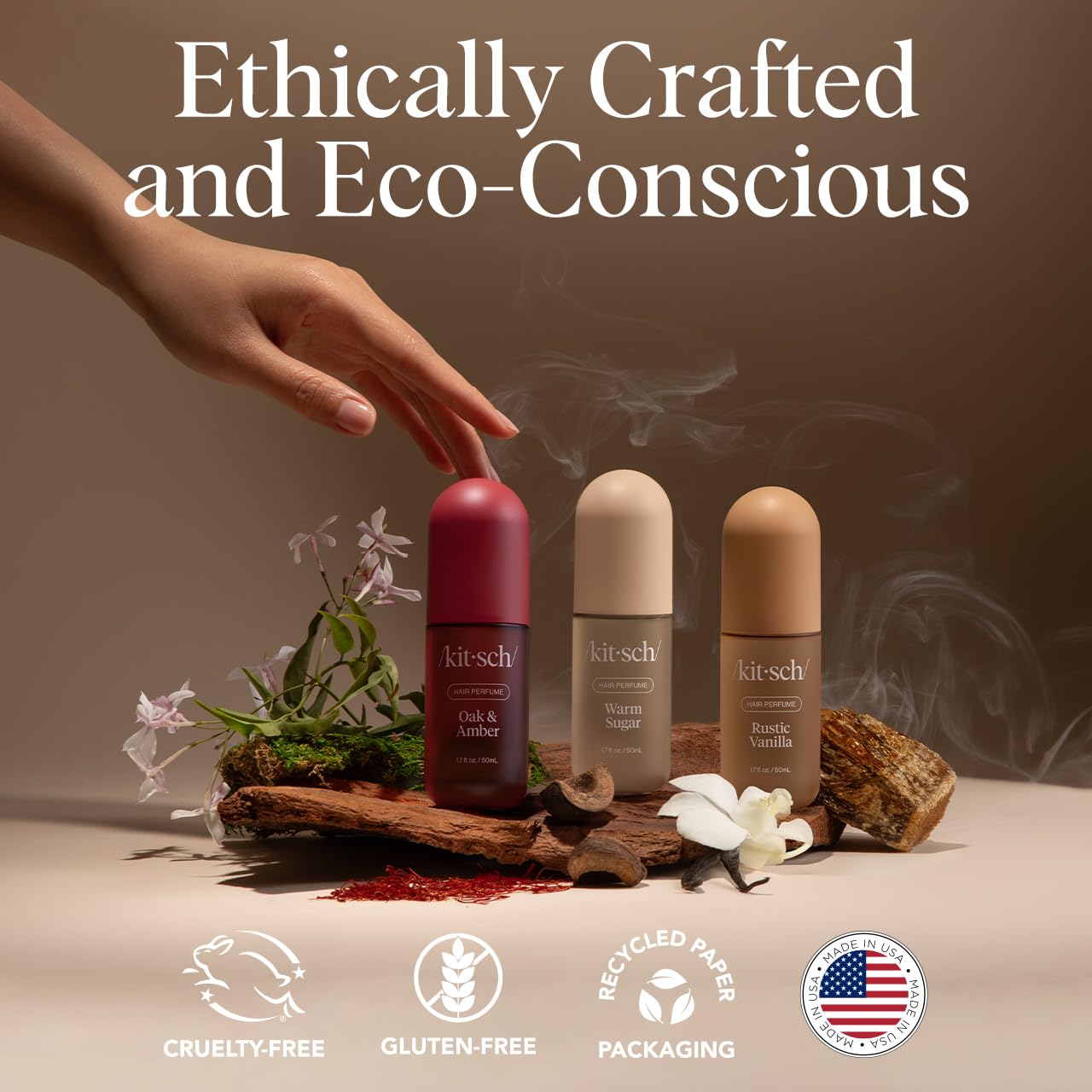 Kitsch Rustic Vanilla cedar-tonka label emphasizes earthy, comforting notes.
