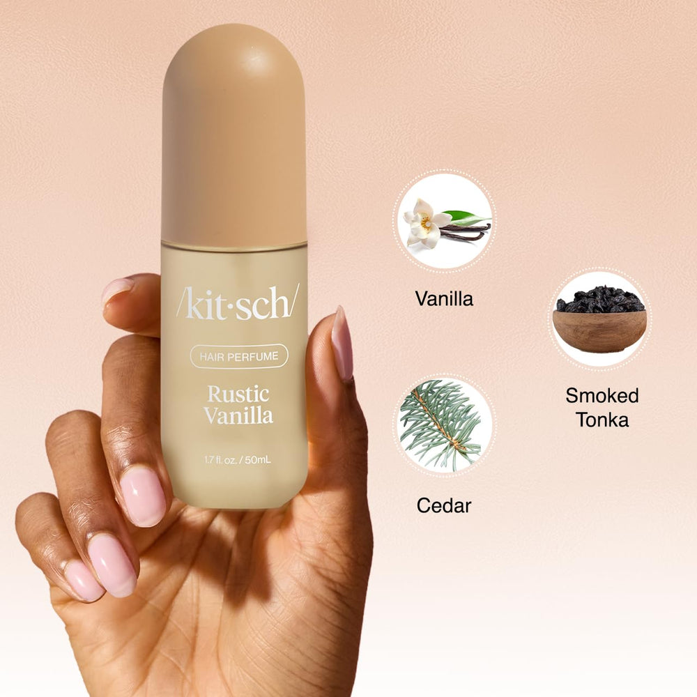Kitsch Rustic Vanilla hair refresh spray applied to strands for quick scent boost.