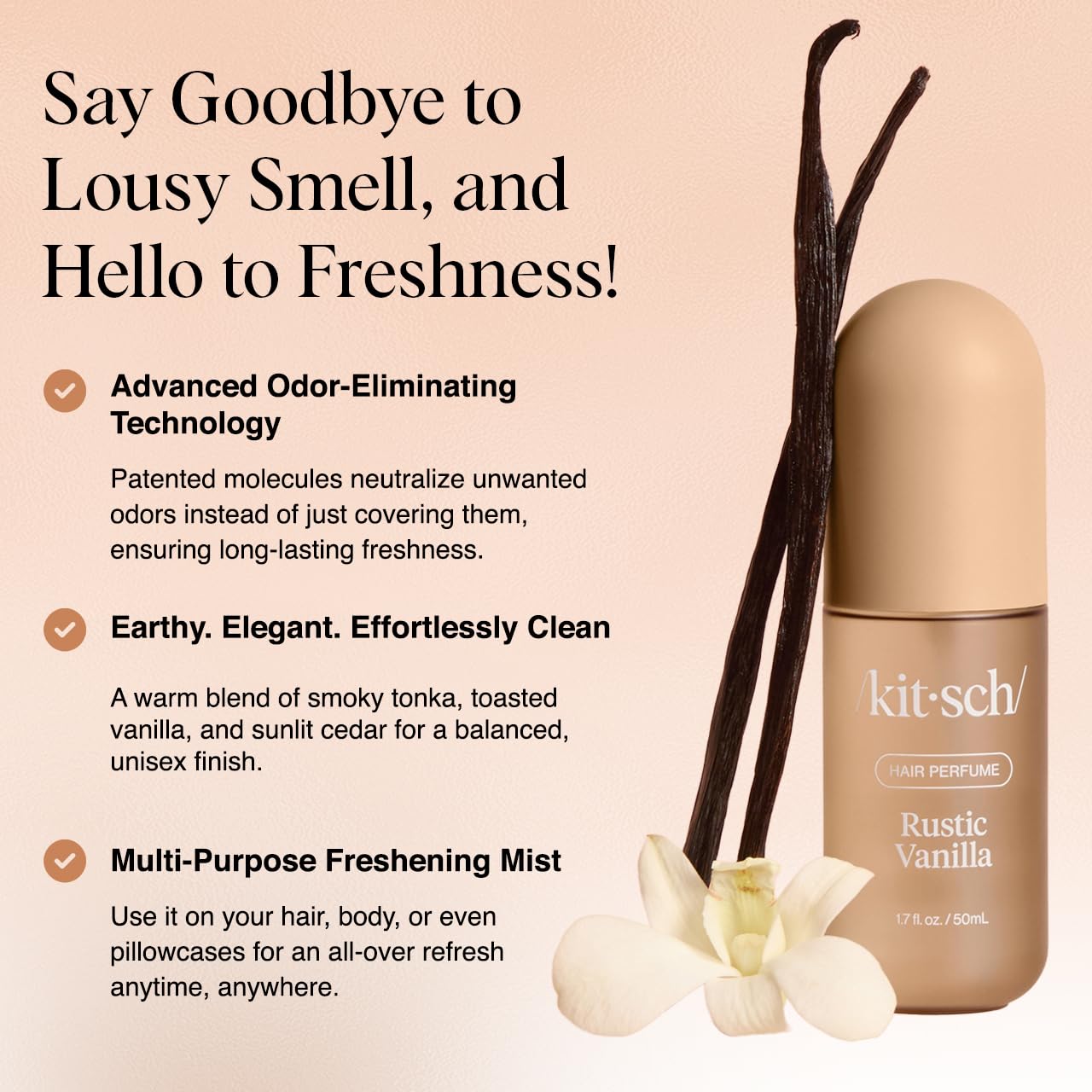 Kitsch Rustic Vanilla mist spray in hand delivers long-lasting fragrance.
