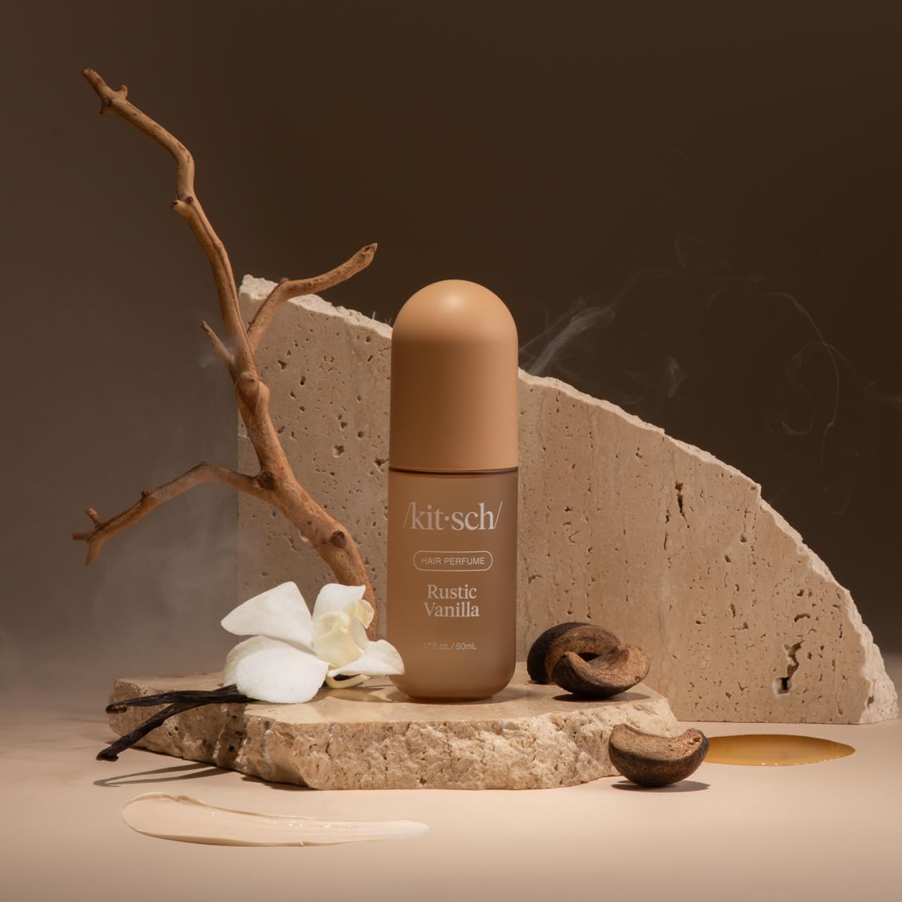 Kitsch Rustic Vanilla packaging close-up highlighting the 50 mL sustainable bottle.