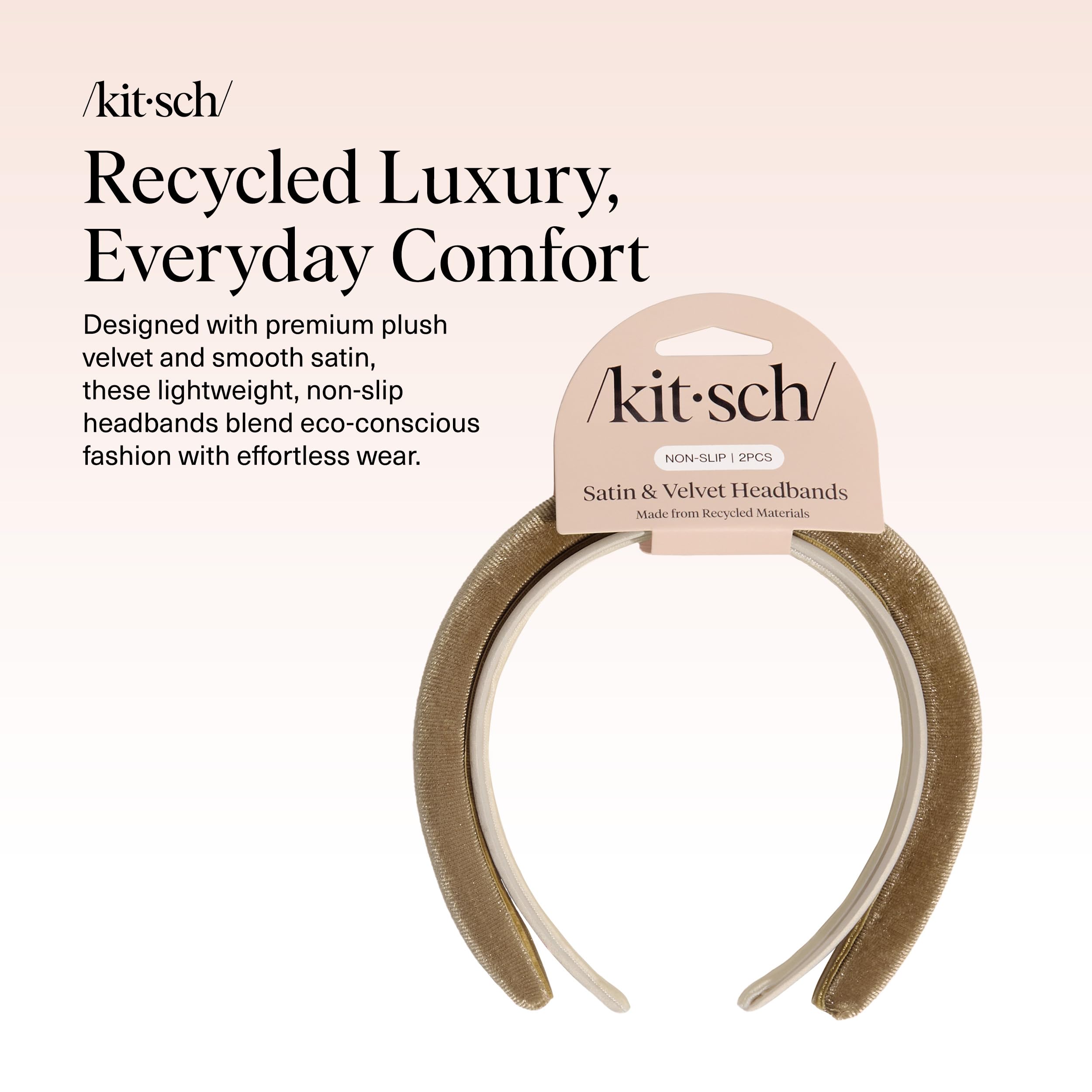 Kitsch satin headband camel close-up shows smooth, lightweight wear for all-day styling.