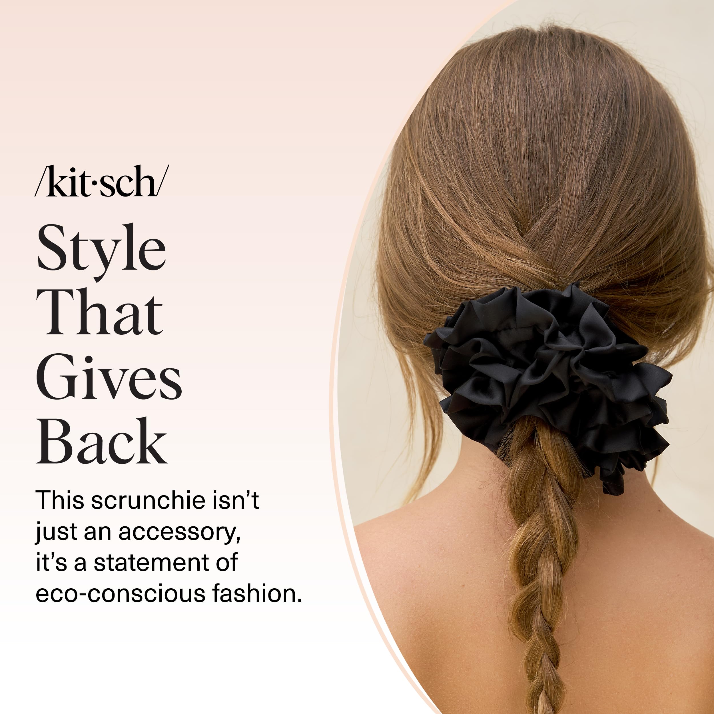 Kitsch satin ruffle scrunchie securing a neat bun with soft support.