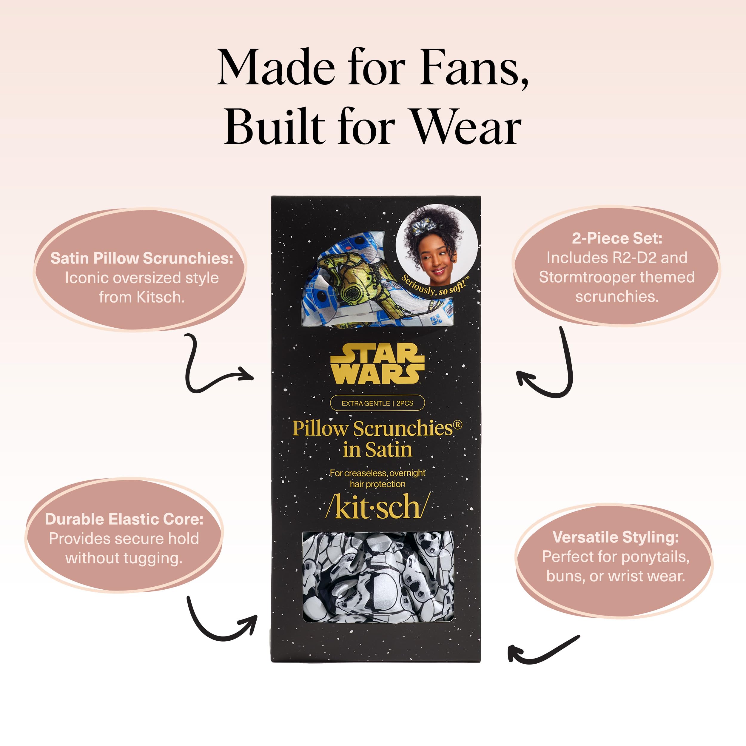 Kitsch satin scrunchie texture detail showcases gentle hair care and comfortable wear.