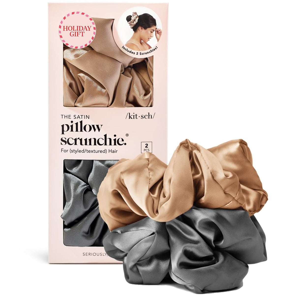 Kitsch satin scrunchies 2-pack in charcoal and gold, soft and gentle for daily wear.