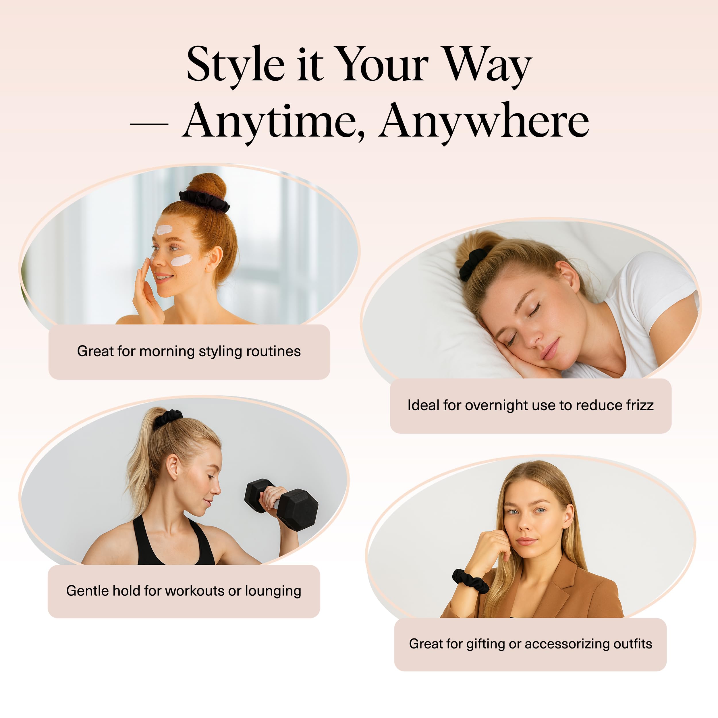 Kitsch satin scrunchies beside bed suggest smoother mornings from overnight wear