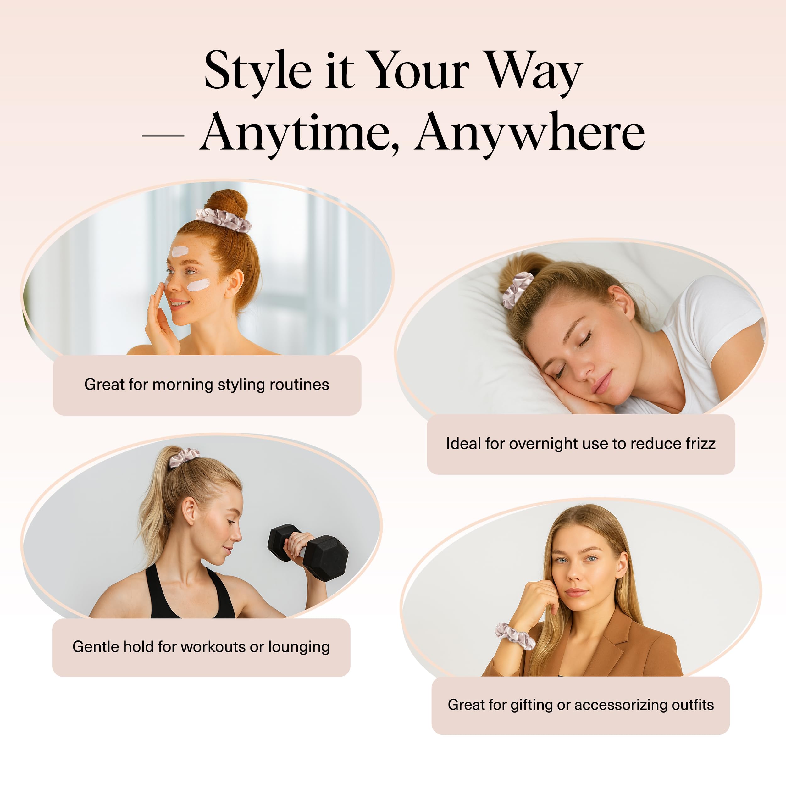 Kitsch satin scrunchies at bedtime promoting smooth morning hair