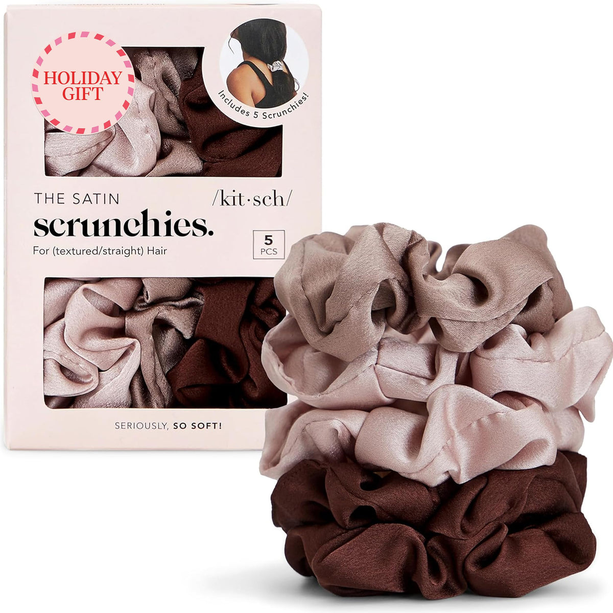 Kitsch satin scrunchies Cameo packaging; gift-ready presentation.