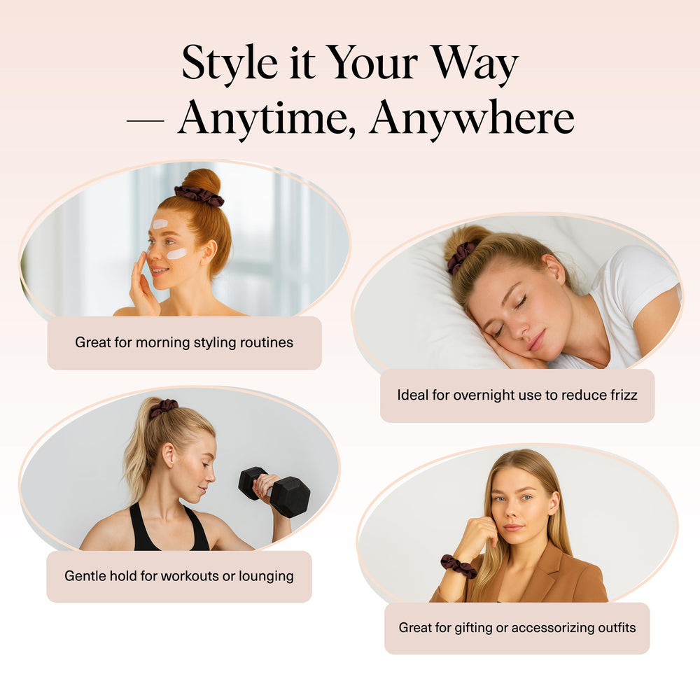 Kitsch satin scrunchies Cameo for sleep; frizz-free morning routine.