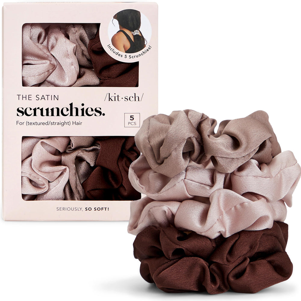 Kitsch satin scrunchies Cameo closeup; smooth texture supports hair care.