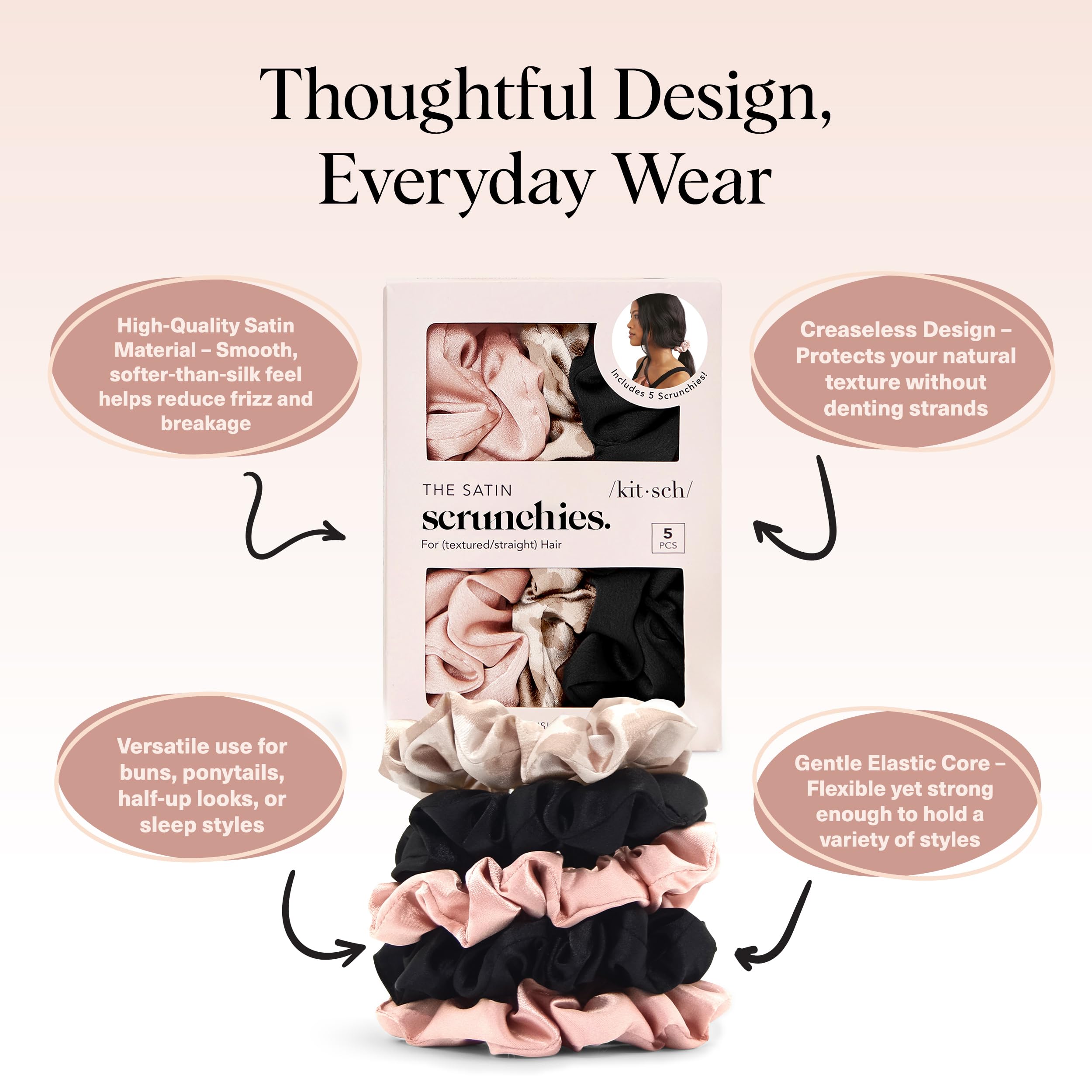 Kitsch satin scrunchies close-up fabric texture emphasizing softness