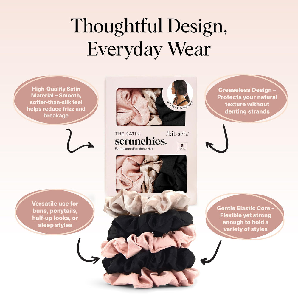 Kitsch satin scrunchies close-up fabric texture emphasizing softness