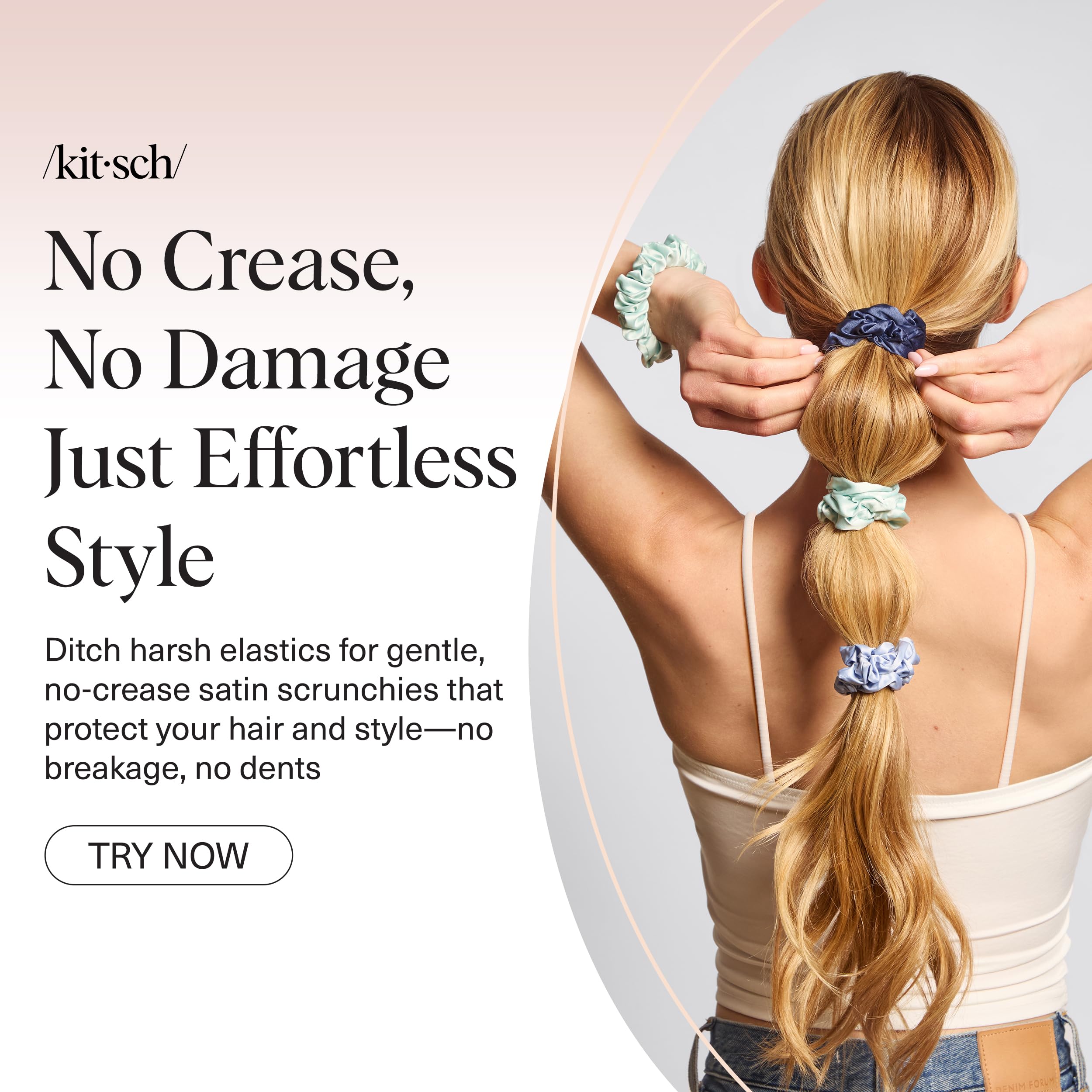 Kitsch Garden Bouquet scrunchie on straight hair delivering gentle hold.