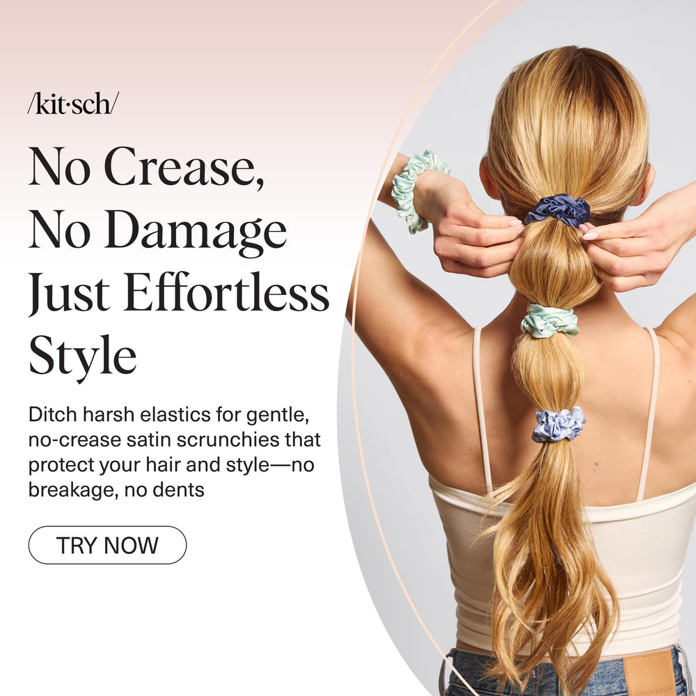 Kitsch Garden Bouquet scrunchie on straight hair delivering gentle hold.