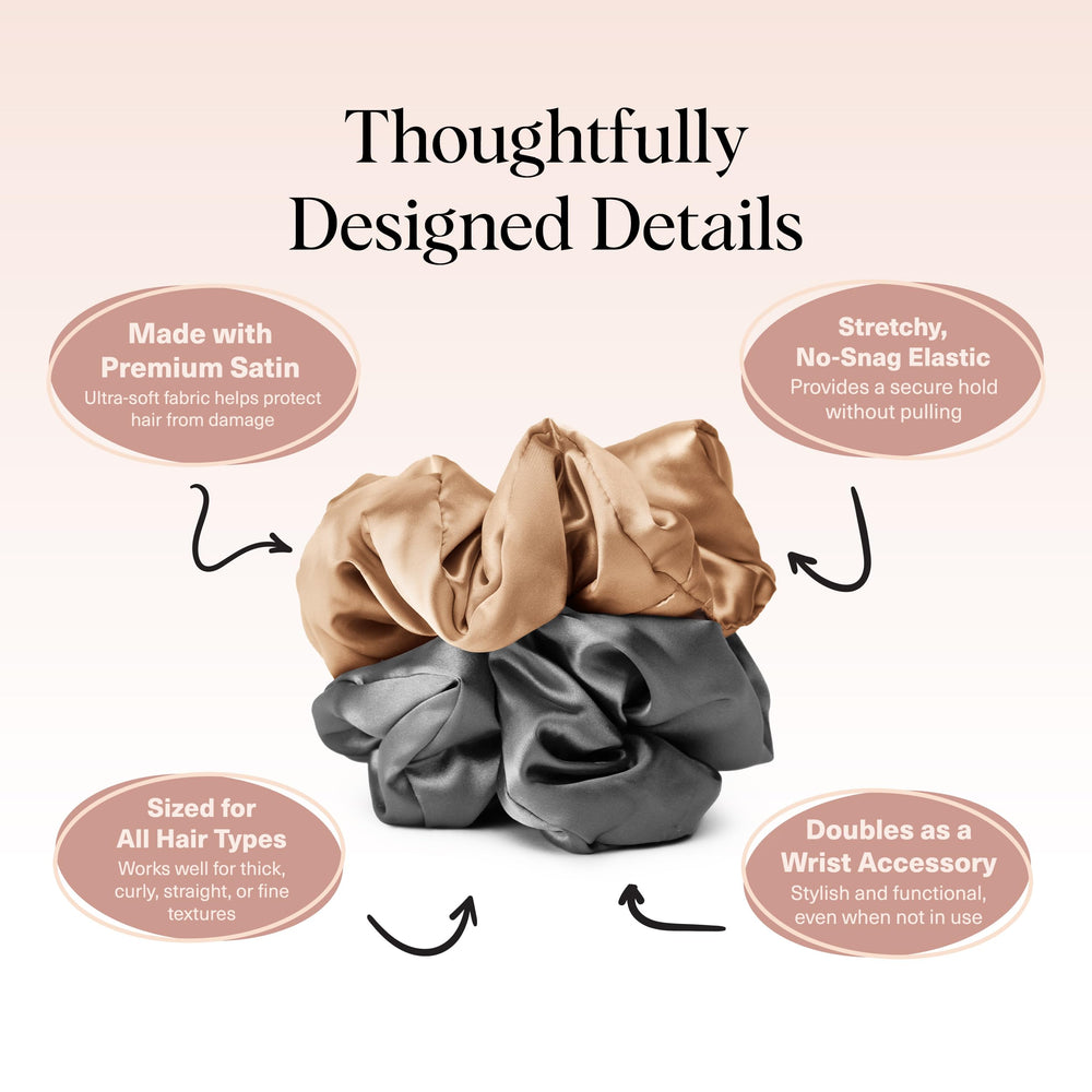 Kitsch satin scrunchies gold close-up highlights soft texture and secure hold.