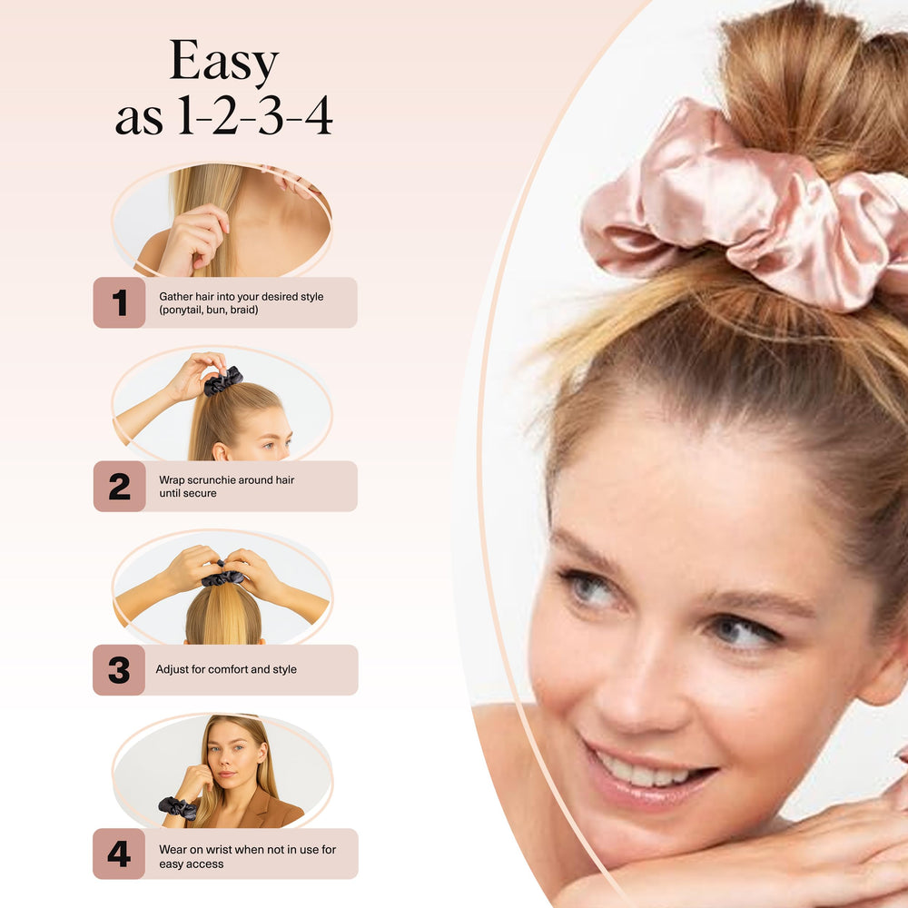 Kitsch satin scrunchies displayed with hair care products showcasing premium texture
