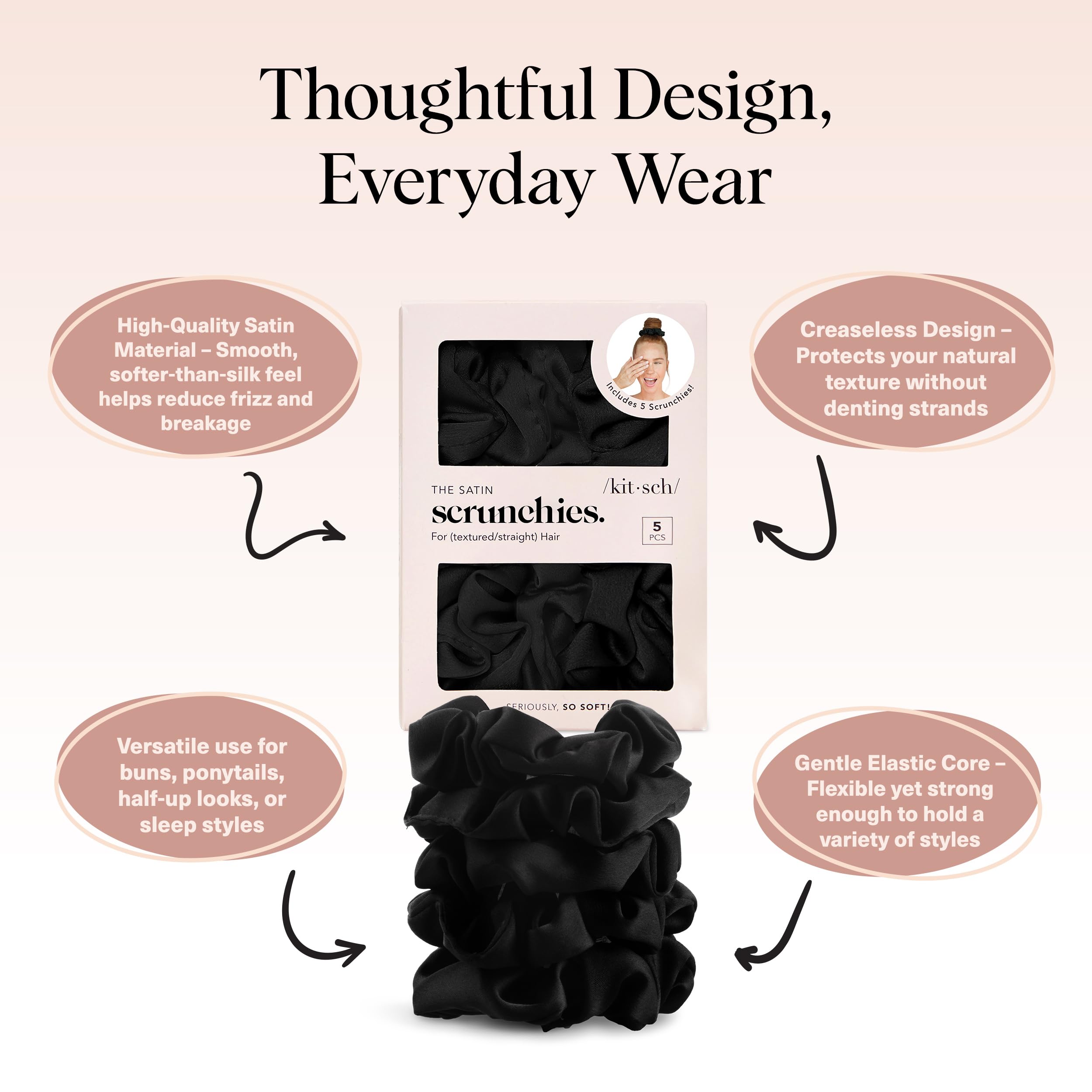 Kitsch satin scrunchies in hair illustrate frizz-free hold for overnight wear