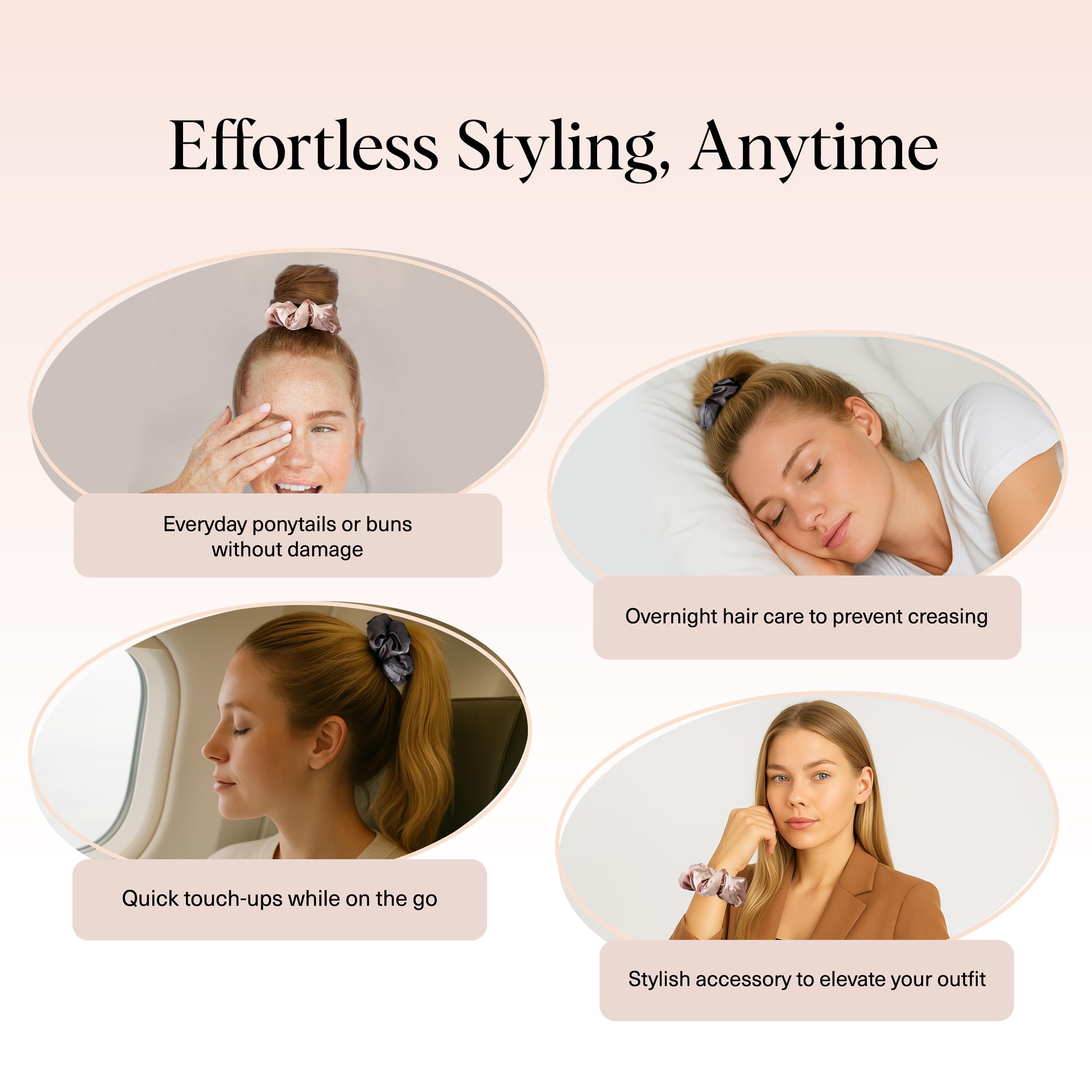 Kitsch satin scrunchies securing a loose bun hairstyle