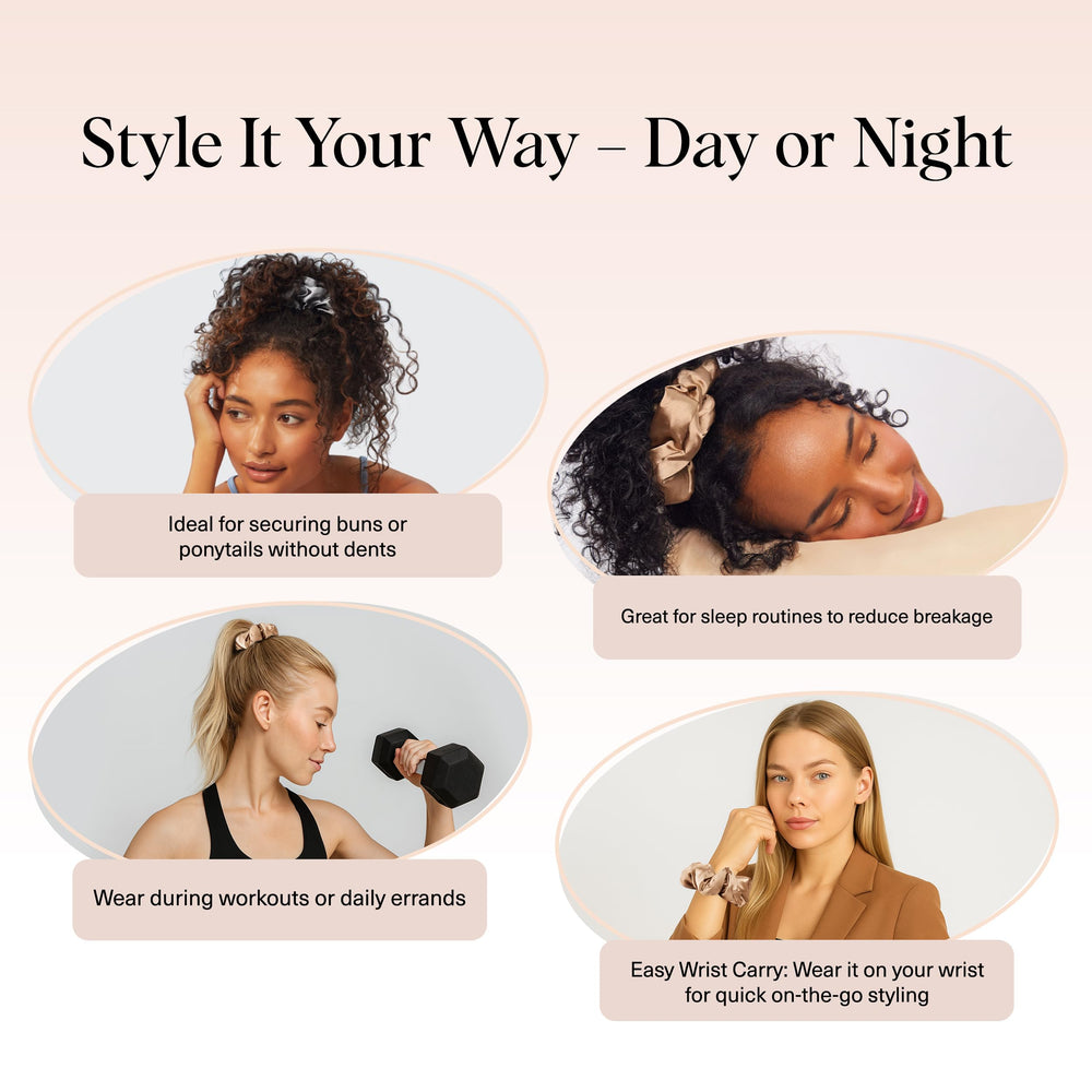 Kitsch satin scrunchies on thick hair demonstrate comfortable, secure grip.