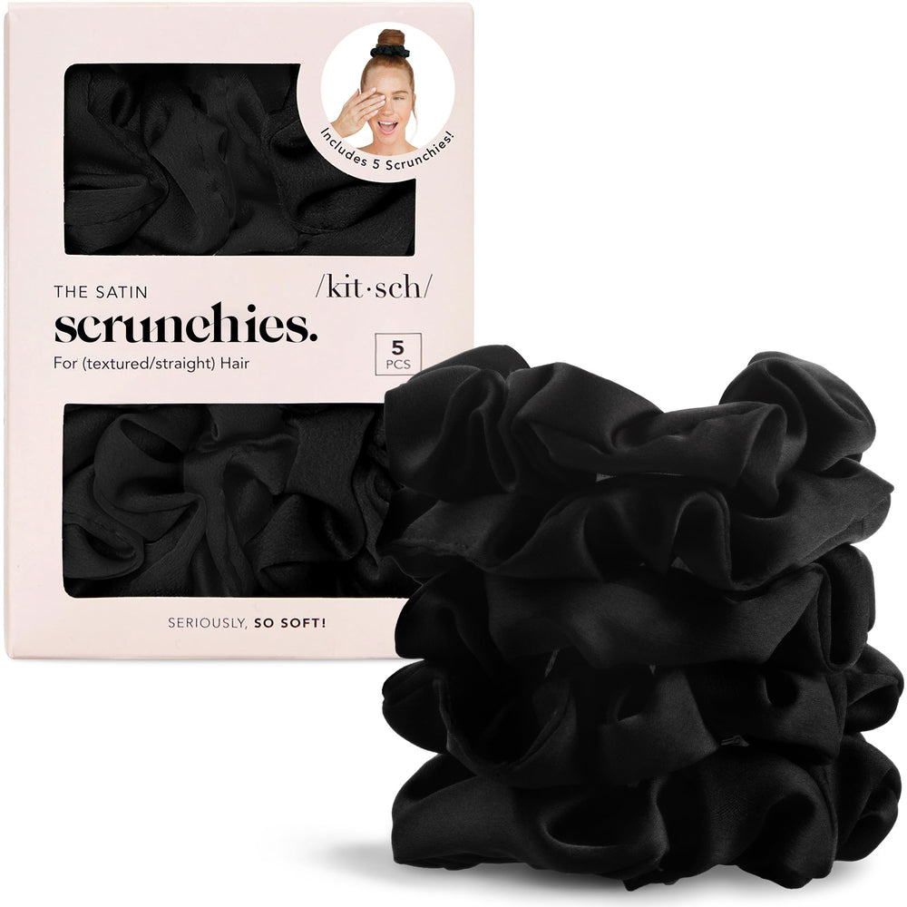 Kitsch satin scrunchies packaging back-view reveals 5-piece black set