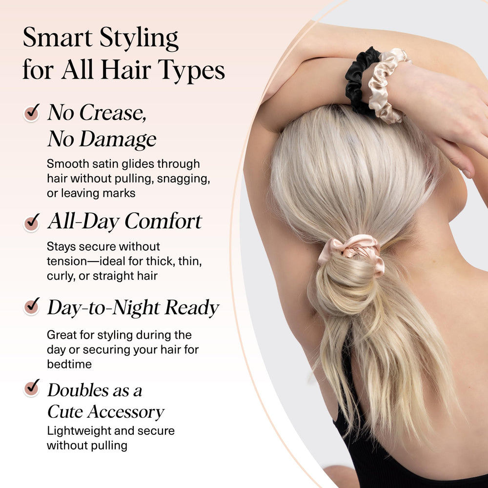 Kitsch satin scrunchies in ponytail delivering secure, gentle hold