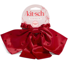 Kitsch satin scrunchies rhinestone bow closeup shows festive sparkle for party-ready hair.