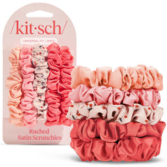 Kitsch satin scrunchies Cherry Blossom worn in hair for gentle crease-free hold.