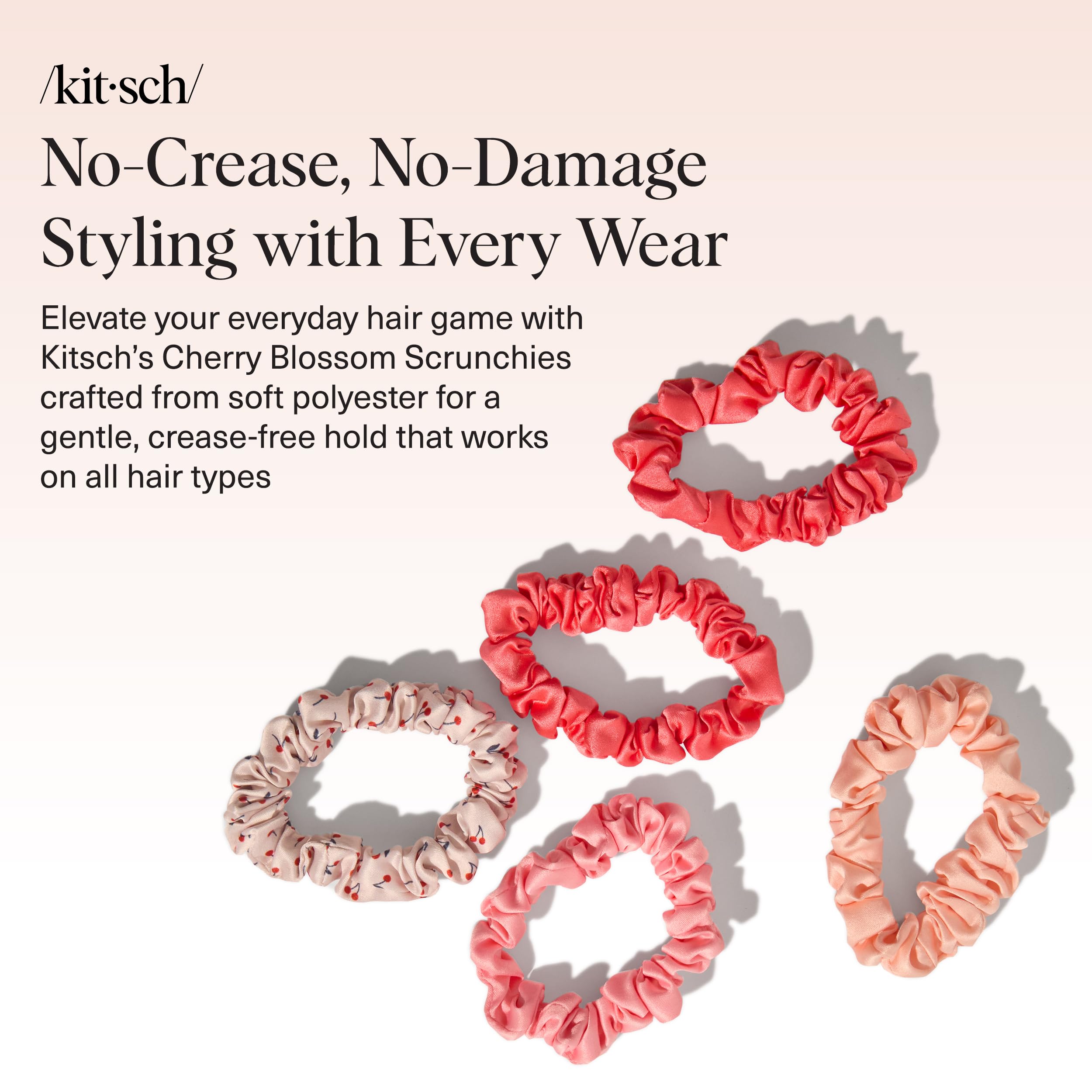 Kitsch satin scrunchies Cherry Blossom on wrist as chic everyday accessory.