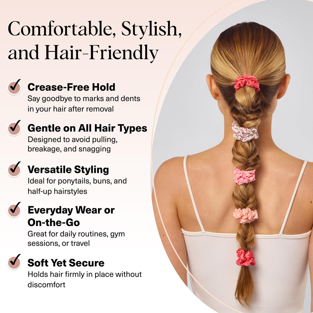 Kitsch satin scrunchies close-up highlights smooth, luxe fabric texture for easy glide.