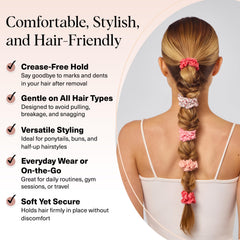 Kitsch satin scrunchies close-up highlights smooth, luxe fabric texture for easy glide.