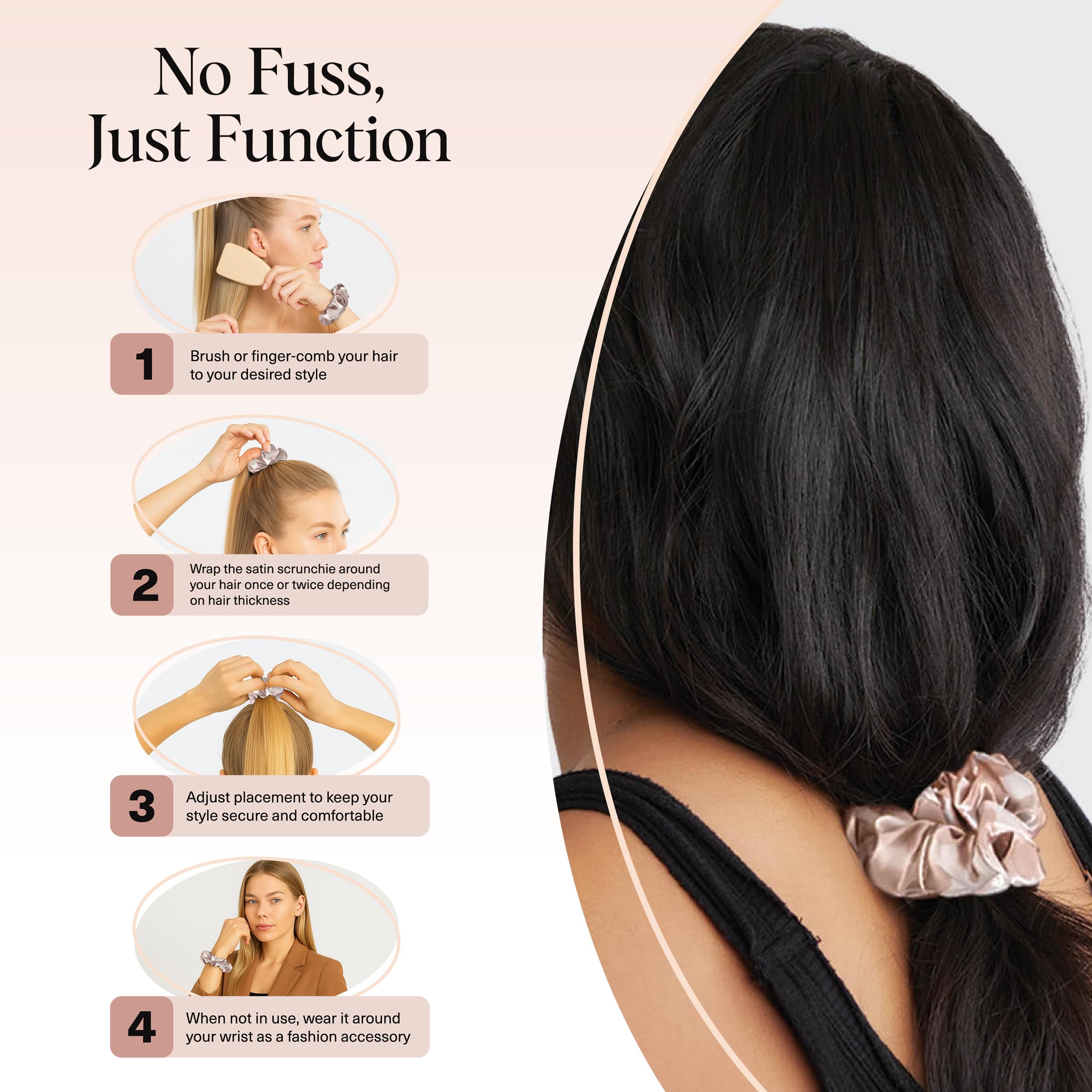 Kitsch satin scrunchies worn on wrist as chic accessory
