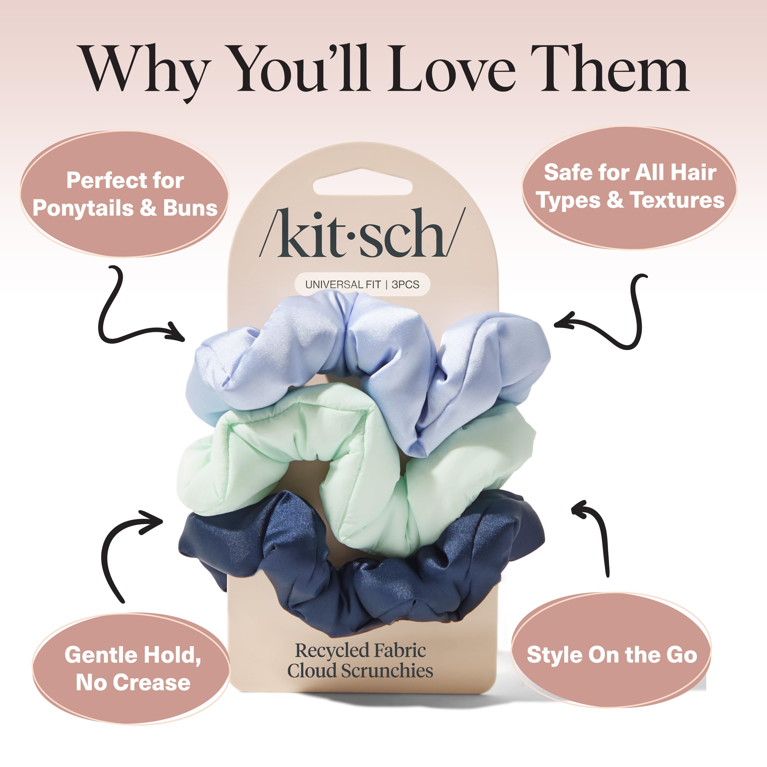Kitsch scrunchies no-damage fabric highlights gentle grip for thick or curly hair.
