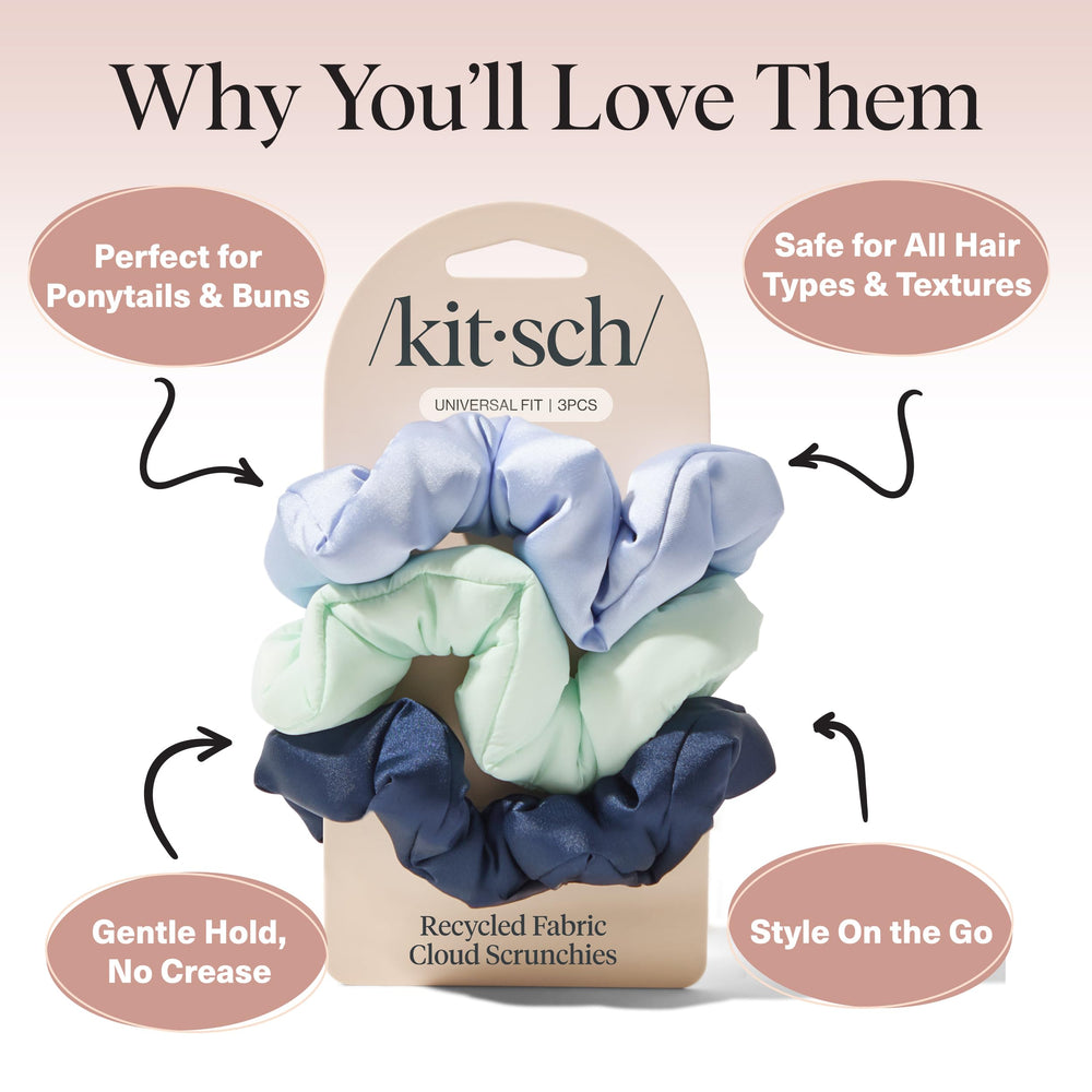 Kitsch scrunchies no-damage fabric highlights gentle grip for thick or curly hair.