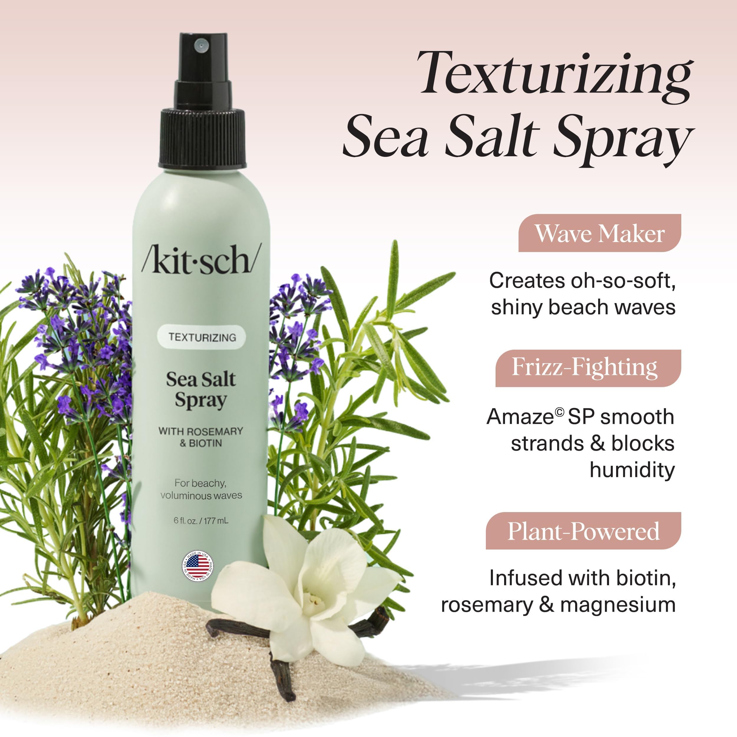 Kitsch Sea Salt Spray ingredients rosemary close-up highlight nourishing biotin benefits.