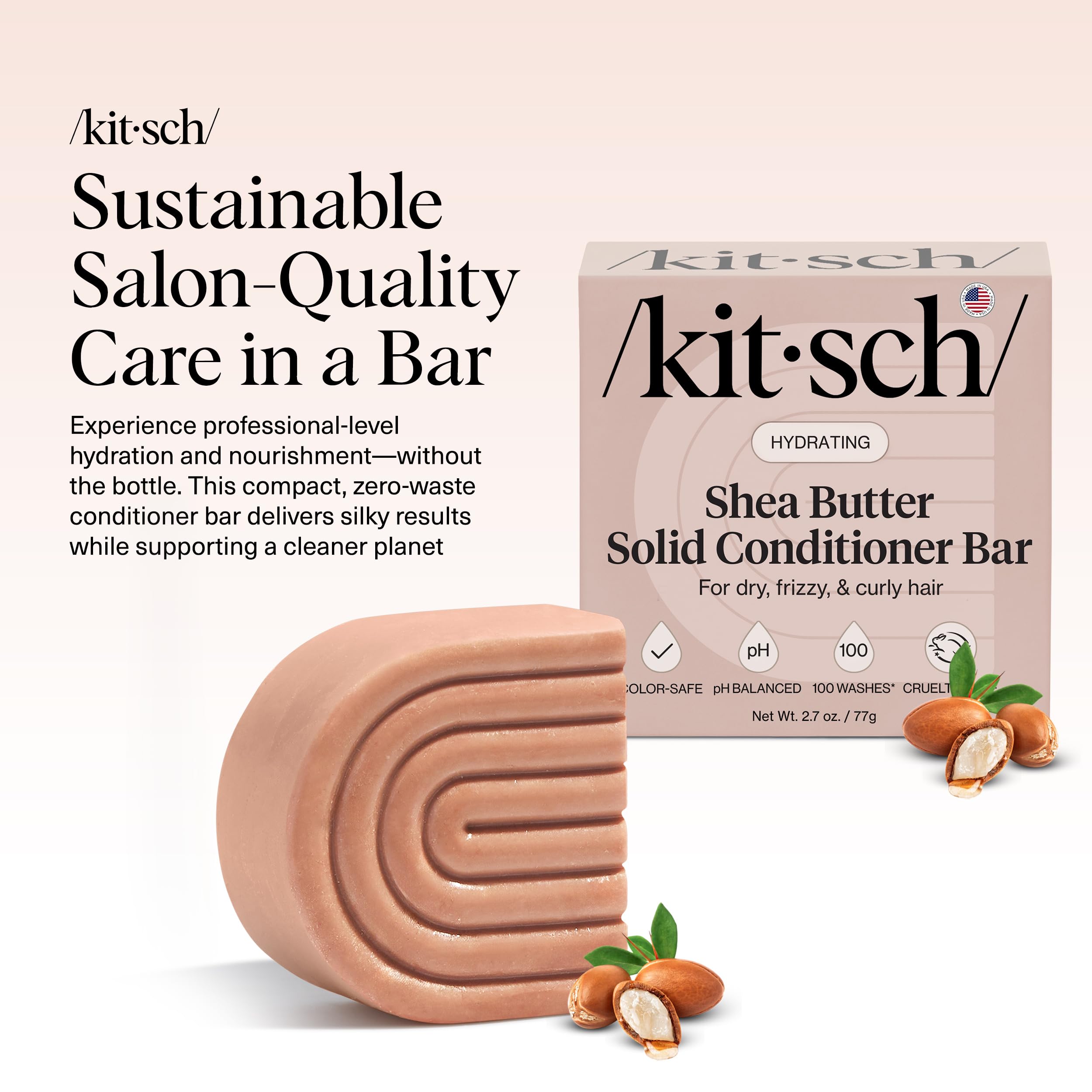 Kitsch conditioner bar on hair delivers soft, hydrated, frizz-free results.