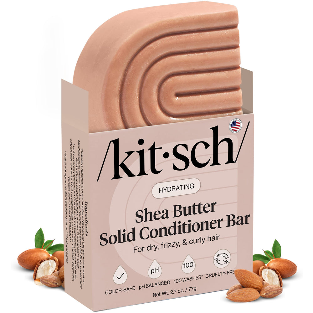 Kitsch Shea Butter Conditioner Bar packaging highlights zero-waste, eco-friendly hair care.