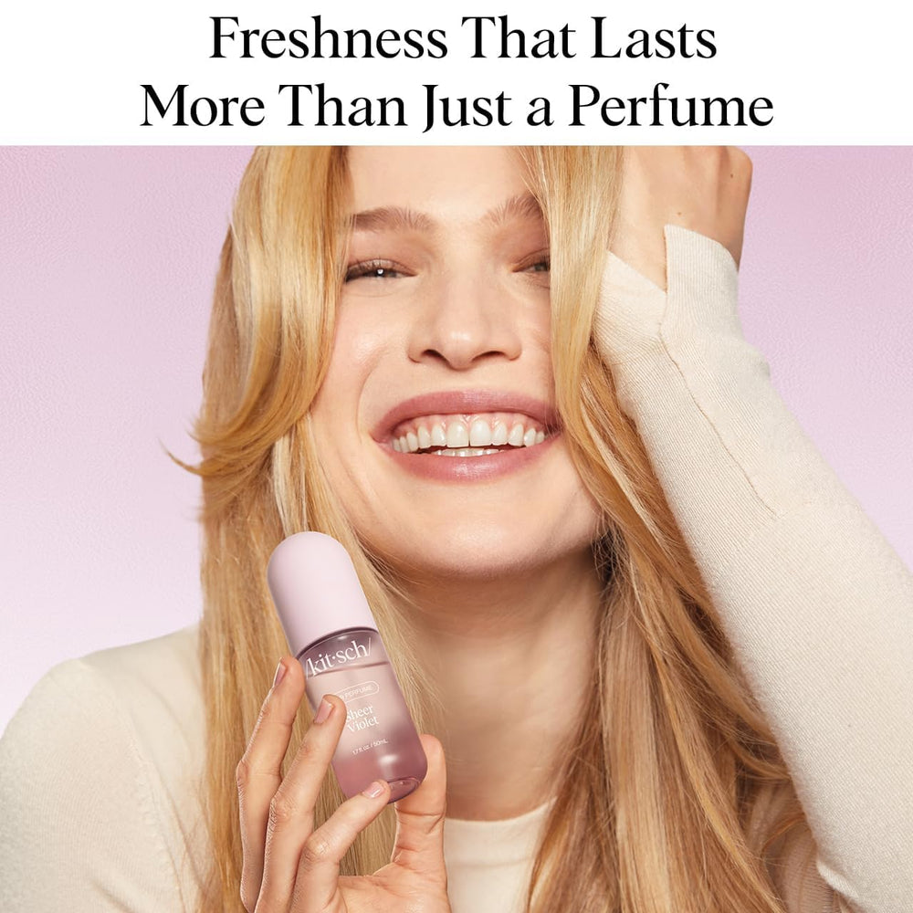 Kitsch Sheer Violet spray on hair mid-length for instant refresh.