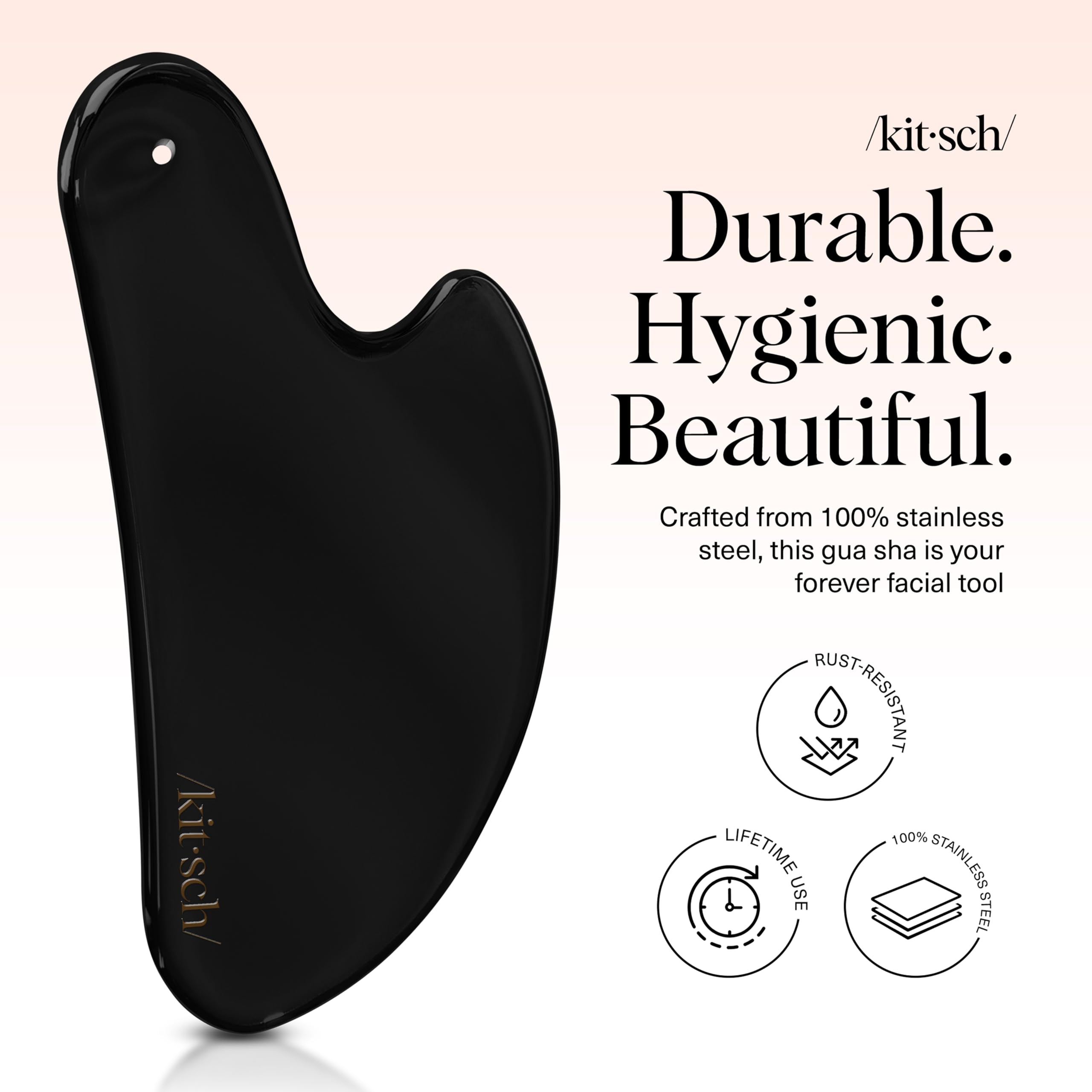 Kitsch gua sha face massage highlights smooth steel surface for comfortable facial massage.