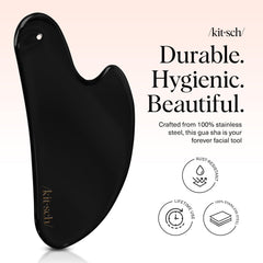 Kitsch gua sha face massage highlights smooth steel surface for comfortable facial massage.
