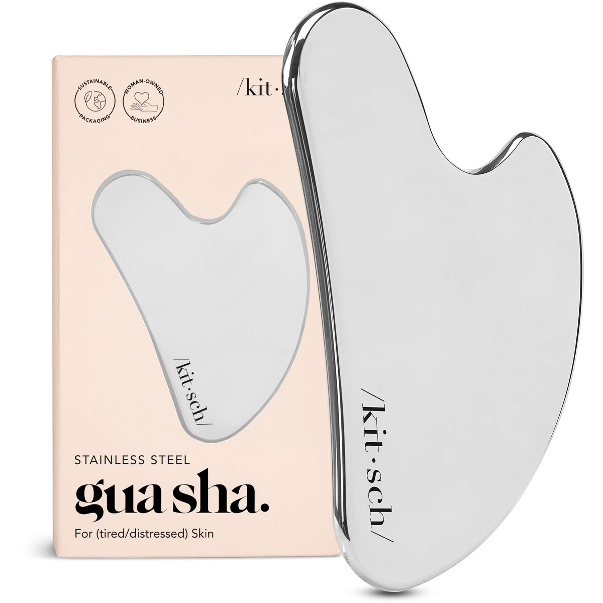 Kitsch stainless steel gua sha tool close-up on cheek for precise facial massage
