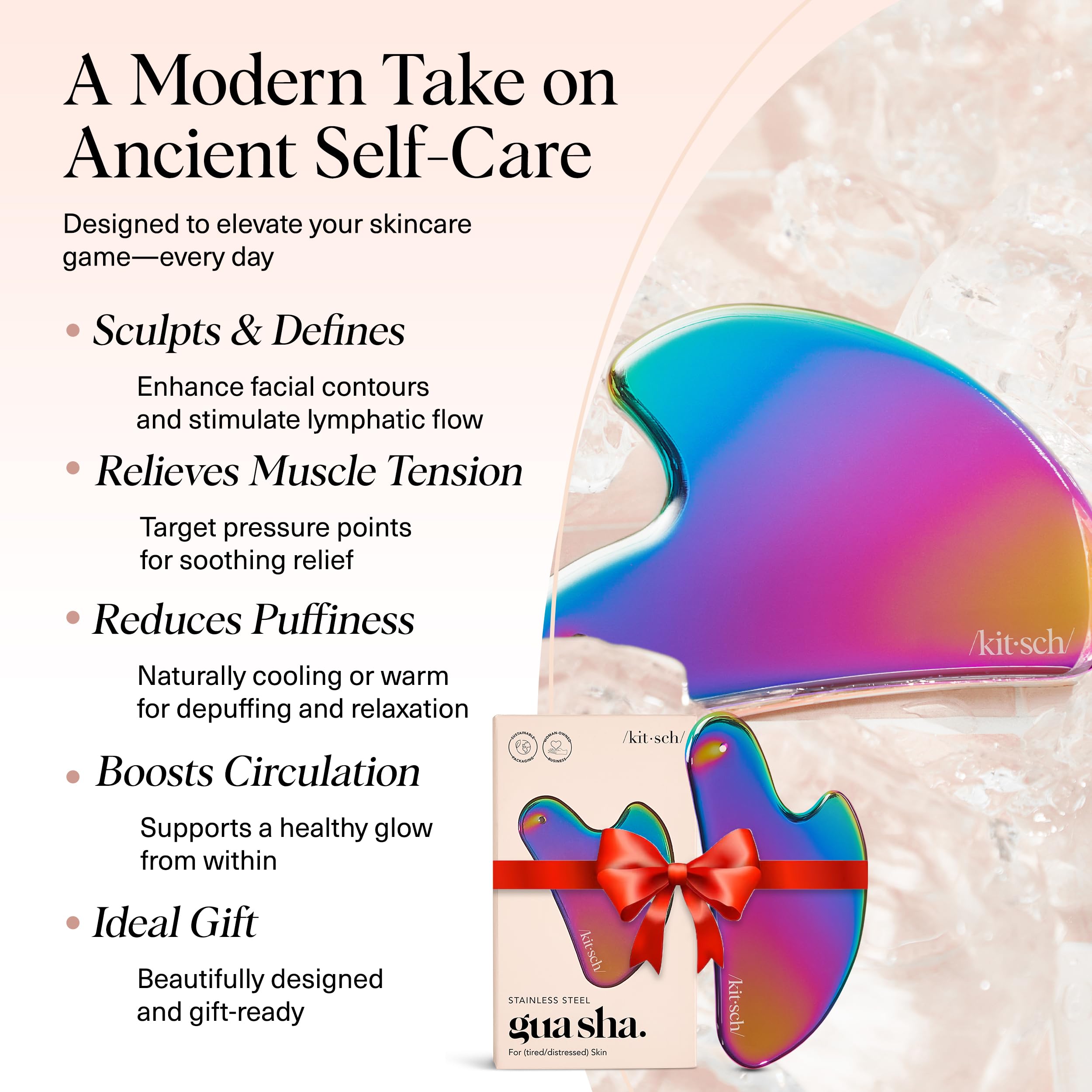Kitsch stainless steel gua sha in action reveals soothing facial massage and lymphatic drainage potential