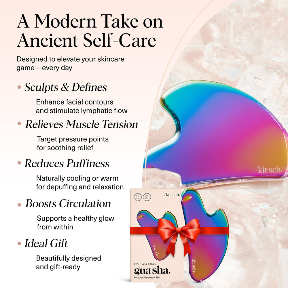 Kitsch stainless steel gua sha in action reveals soothing facial massage and lymphatic drainage potential