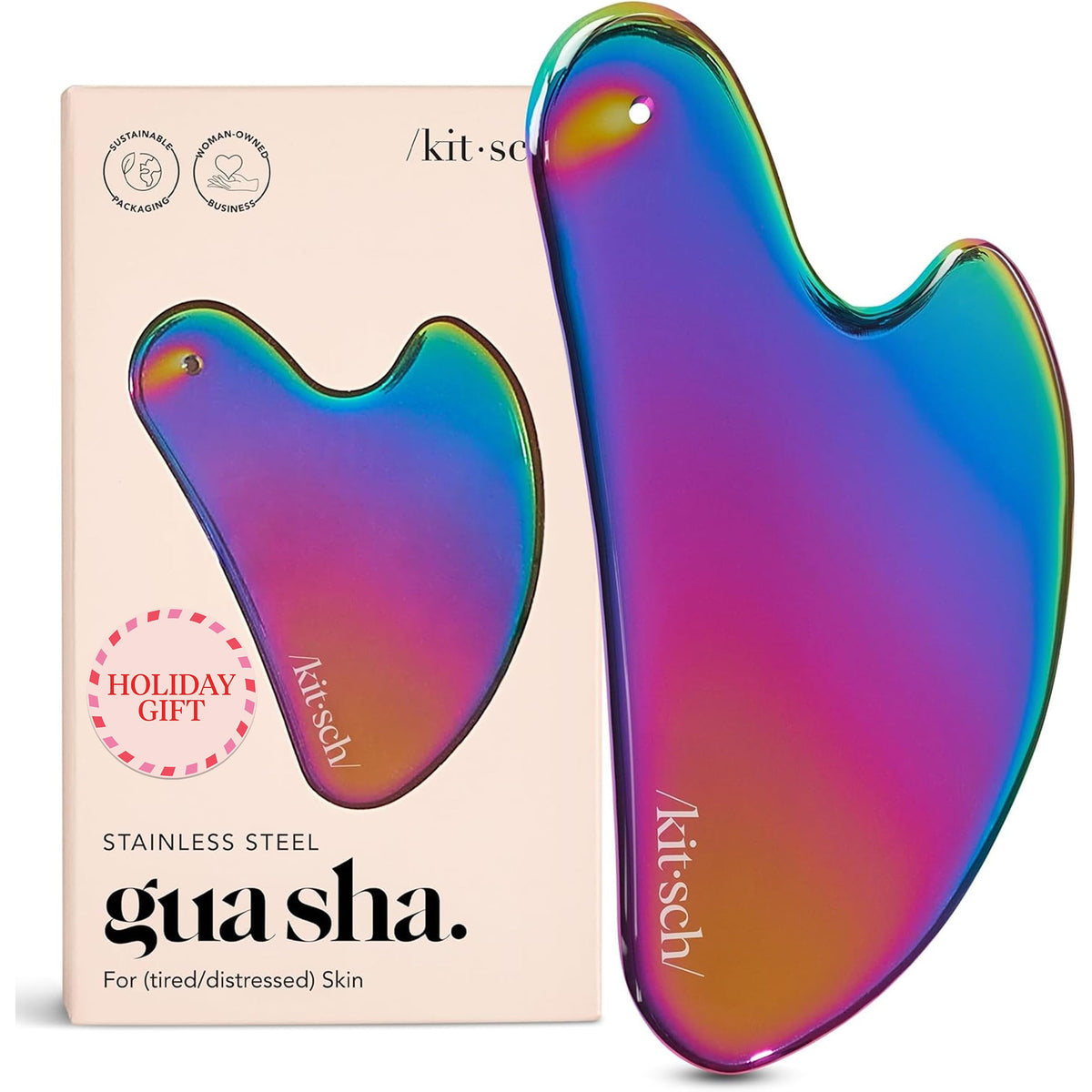 Kitsch stainless steel gua sha tool front view showcases durable design for daily facial massage