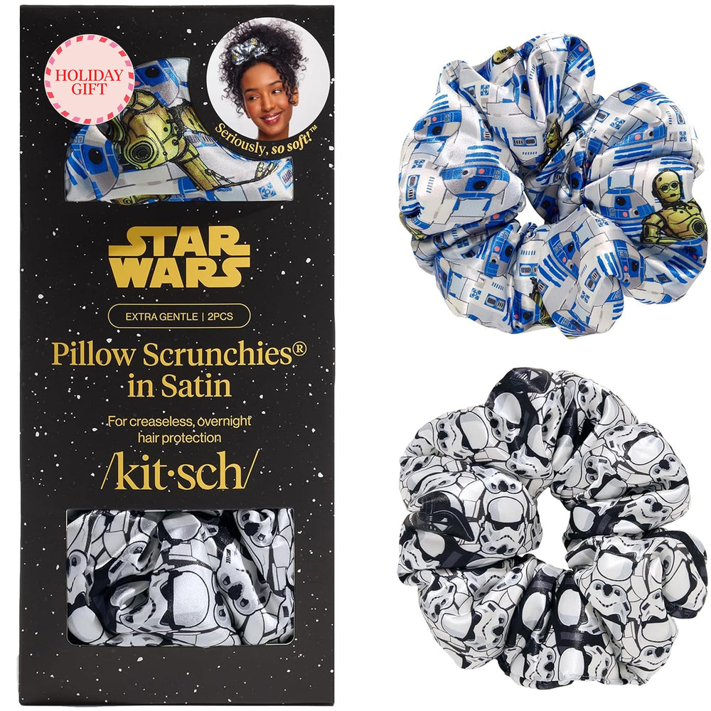 Kitsch R2-D2 scrunchie closeup showing plush satin texture for crease-free styling.